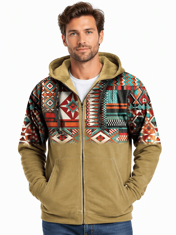 Mens Geometric Panel Zip Hoodie Long Sleeve Drawstring Hood Casual Patterned Jacket
