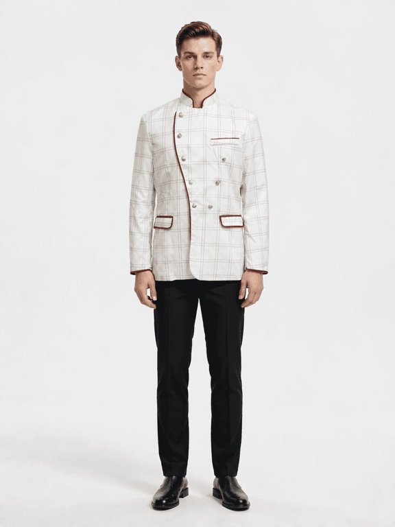 Mens Plaid Band Collar Double Button Row Jacket with Contrast Border Trim Detail