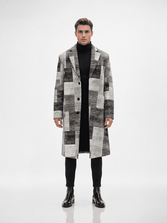 Mens Plaid Long Coat Notched Lapel Single Breasted Button Front Overcoat