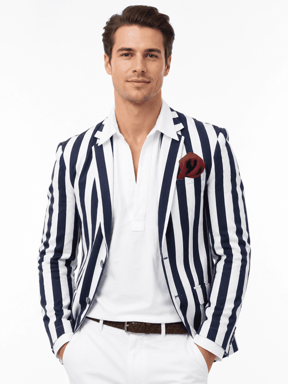 Mens Vertical Stripe Blazer Notched Lapel Long Sleeve Single Breasted Casual Jacket