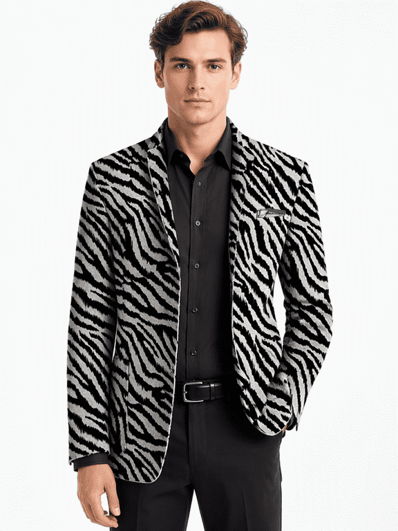 Mens Zebra Pattern Blazer Notched Lapel Long Sleeve Single Breasted Statement Jacket