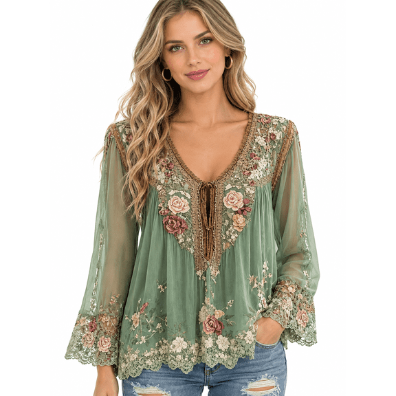 Tbfashion Women's Blouse V Neck Long Sleeve Boho Casual Top Loose Fit Tunic