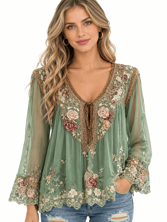 Women's Blouse V Neck Long Sleeve Boho Casual Top Loose Fit Tunic