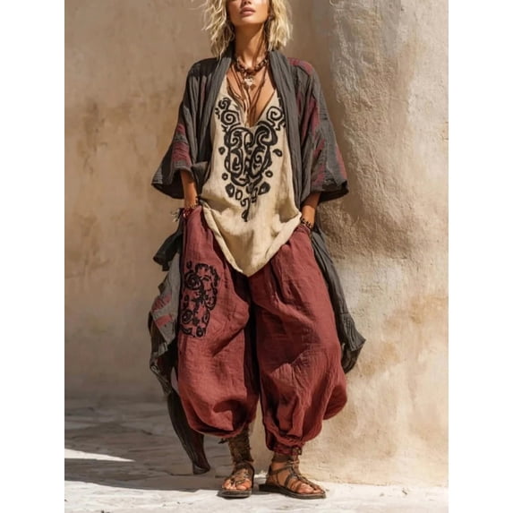 Tbfashion Women's Boho Printed 3 Piece Outfit Set with Vest Top Wide Leg Pants