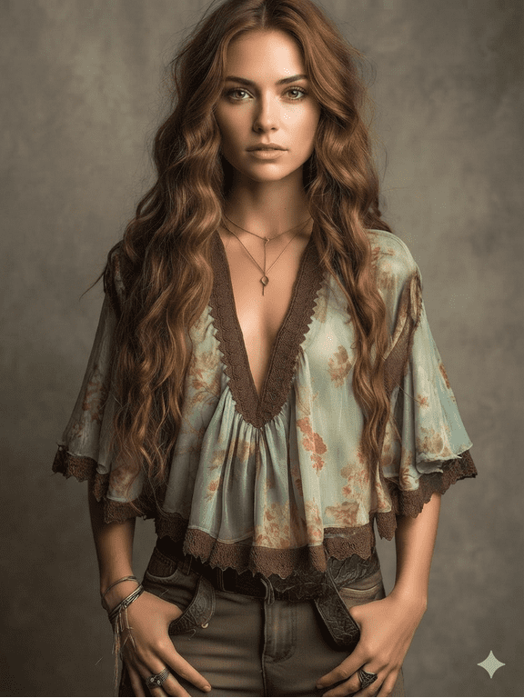 Women's Boho V Neck Flutter Sleeve Floral Print Sheer Blouse Lace Trim Casual Top