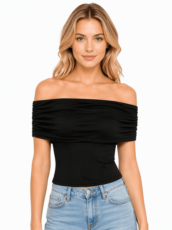 Women's Off Shoulder Short Sleeve Fitted Top with Ruched Foldover Neck