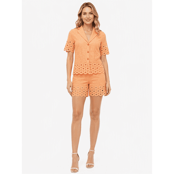 Tbfashion Women's Short Sleeve Lapel Button Front Top Shorts 2 Piece Outfit Set