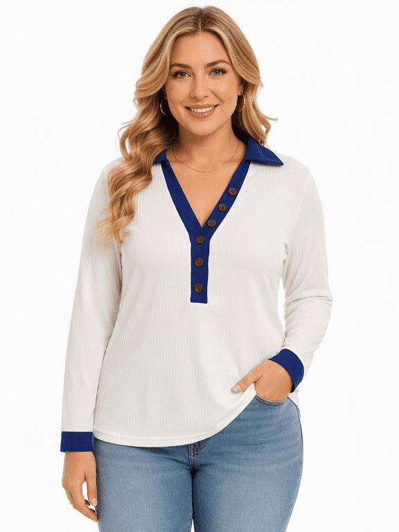 Women's Textured Long Sleeve Henley Top with Contrast Collar and Cuffs
