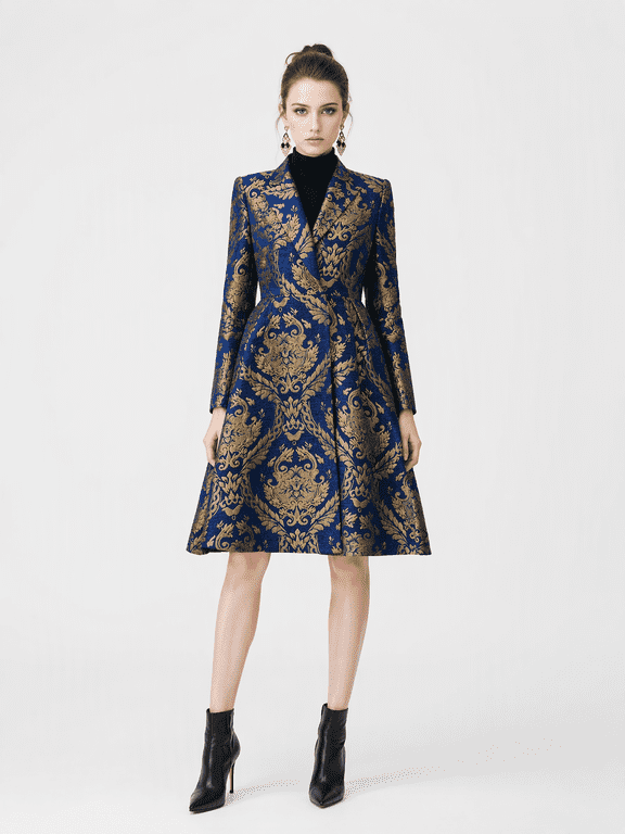 Womens Baroque Print Long Sleeve Fit and Flare Coat