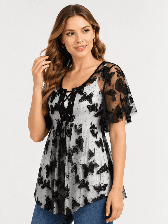 Womens Butterfly Lace Up Tunic Top Short Flutter Sleeves and Pointed Hem