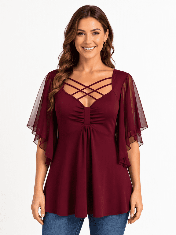 Womens Crisscross V Neck Blouse Sheer Flutter Sleeves Ruched Front Flared Tunic Top