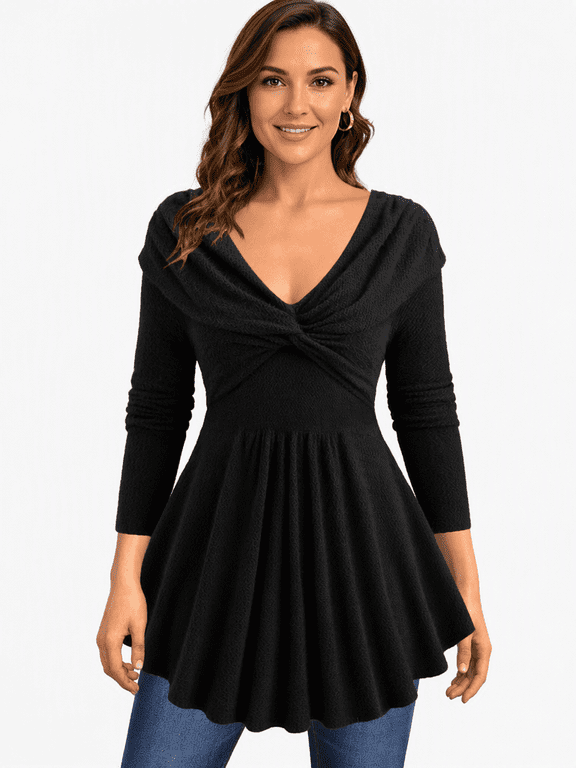 Womens Crossover V Neck Tunic Top Long Sleeve Draped Shoulder Detail Flared Blouse