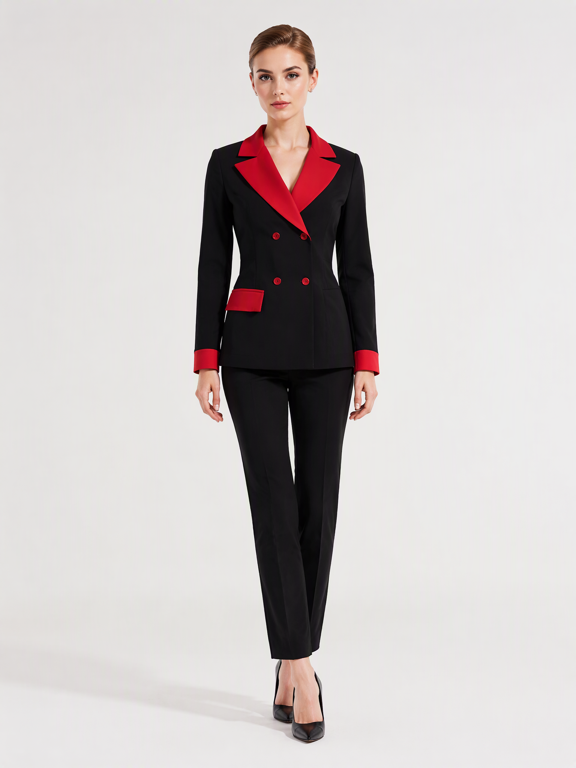 Womens Double Breasted Blazer with Contrast Lapels Cuffs and Pocket Trim for Work