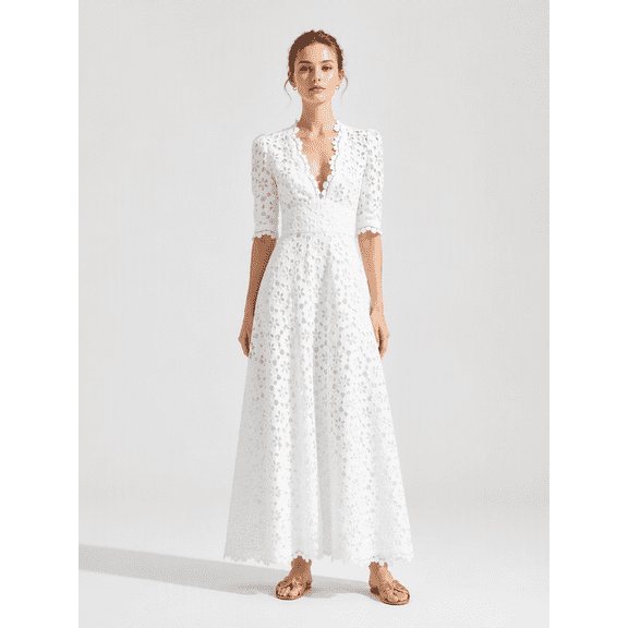 Tbfashion Womens Floral Embroidered Maxi Dress Scalloped V Neck Puff Sleeve A Line Gown