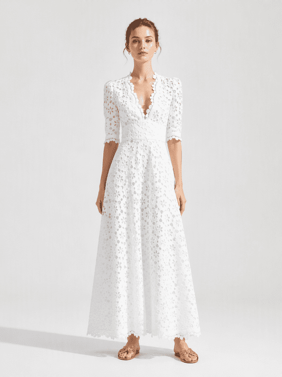 Womens Floral Embroidered Maxi Dress Scalloped V Neck Puff Sleeve A Line Gown