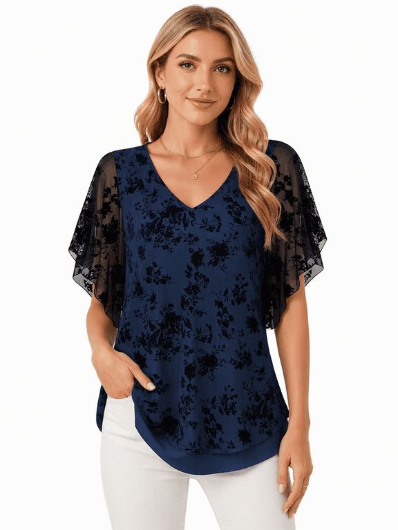 Womens Floral Overlay V Neck Blouse Short Flutter Sleeves Flowy Dressy Casual Top