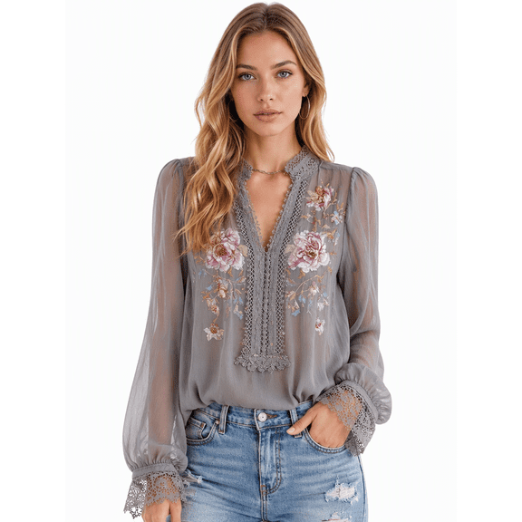 Tbfashion Womens Floral Split Neck Blouse Sheer Long Balloon Sleeves Decorative Trim Boho Top