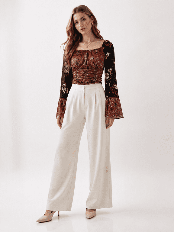 Womens Floral Square Neck Blouse with Long Bell Sleeves and Gathered Fitted Waist