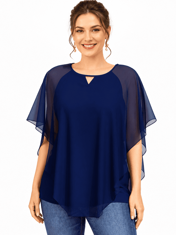 Womens Keyhole Round Neck Sheer Cape Sleeve Layered Tunic Blouse for Evening Wear