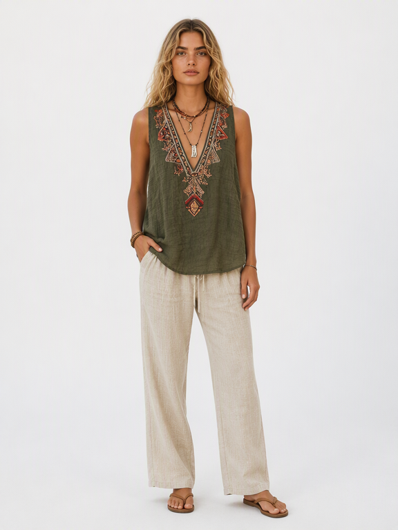 Womens Boho Sleeveless Deep V Neck Top with Ornate Trim and Split Front Hem