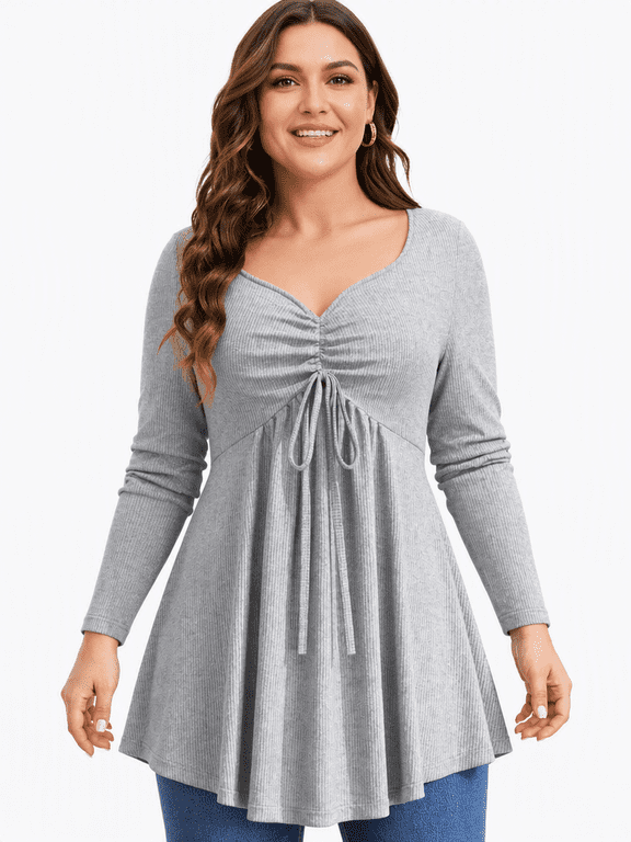 Womens Ruched Front V Neck Tunic Blouse Long Sleeve Drawstring Detail Flared Top