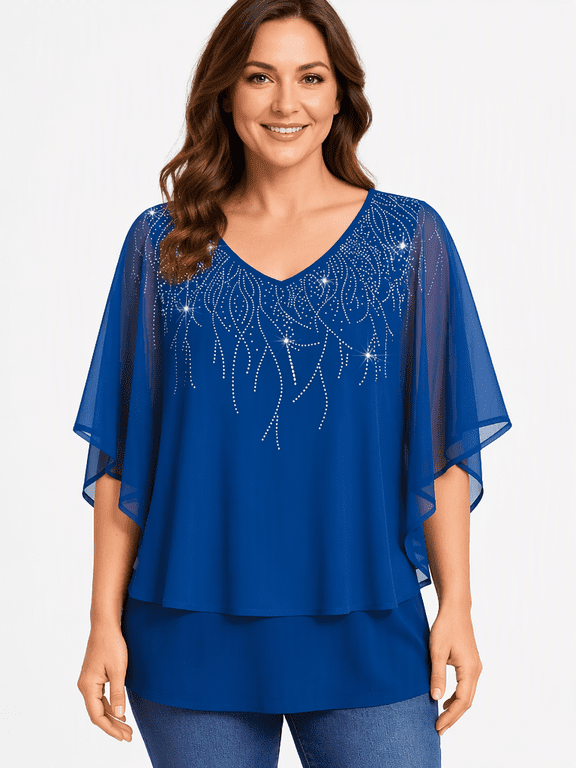 Womens Shimmer Detail V Neck Blouse Short Flutter Sleeves Layered Hem Dressy Top