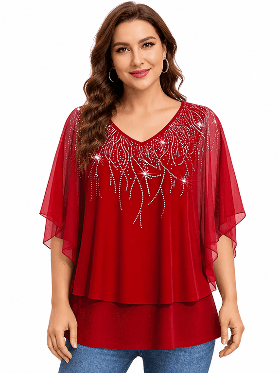 Womens Shimmer Detail V Neck Blouse Short Flutter Sleeves Layered Hem Dressy Top