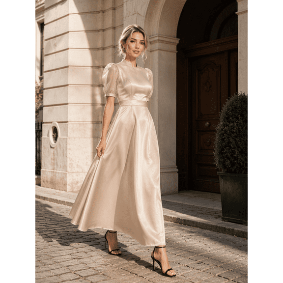 Tbfashion Womens Square Neck Maxi Dress Puff Sleeve High Waist Long Flowy Hem Dresses