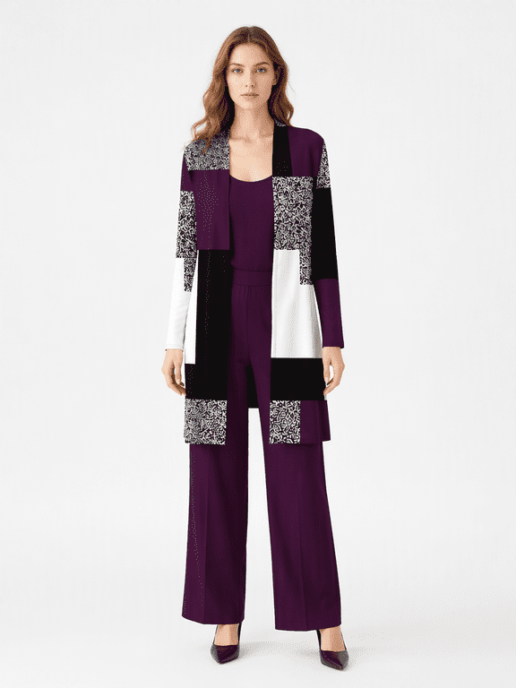 Womens Three Piece Color Block Cardigan Tank Top and Wide Leg Pants Outfit Set