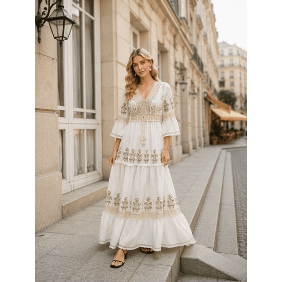 Tbfashion Womens V Neck Dress Bell Sleeve Tiered Long Dresses for Vacation Wedding