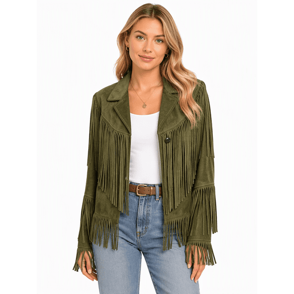 Tbfashion Womens Western Fringe Jacket Notched Lapel Long Sleeve Open Front Statement Coat