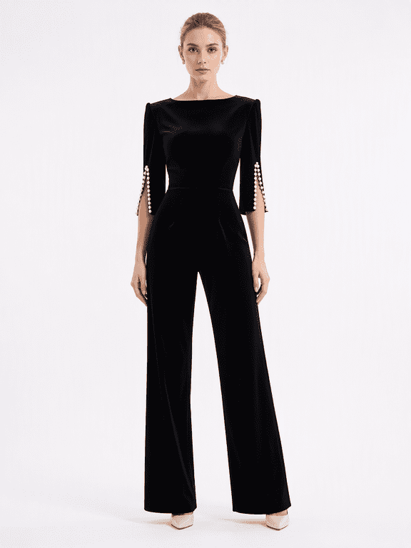 Womens Wide Leg Jumpsuit with Split Cape Sleeves and Bead Detail for Evening Wear