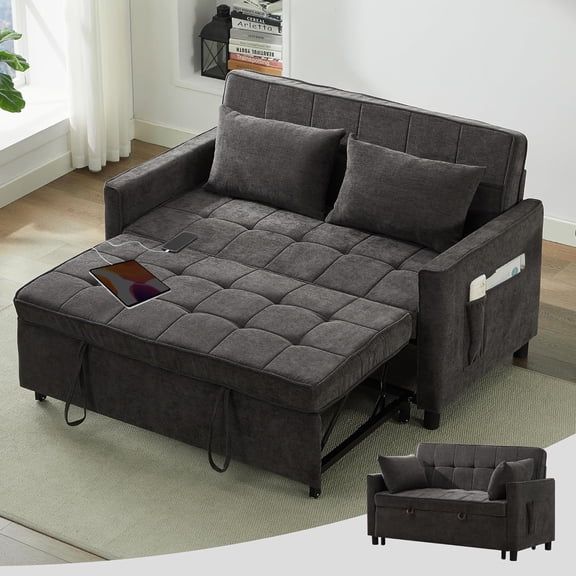 Tbfit 57" Convertible Sofa Bed, Chenille Futon Sleeper Sofa Couch with Pullout Bed, USB & Adjustable Backrest, Full Size Pull Out Loveseat Couches for Living Room, Apartment, Office, Dorm, Dark Grey