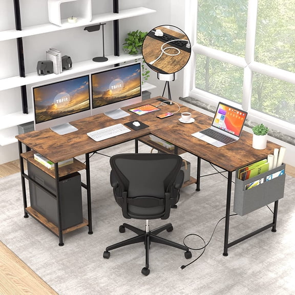 Tbfit L Shaped Desk Corner Desk,95 Inch Reversible Home Office Desk with Storage Shelves, Large Computer Gaming Desk with Power Outlet, 2 Person Long Writing Study Table Workstation, Vintage