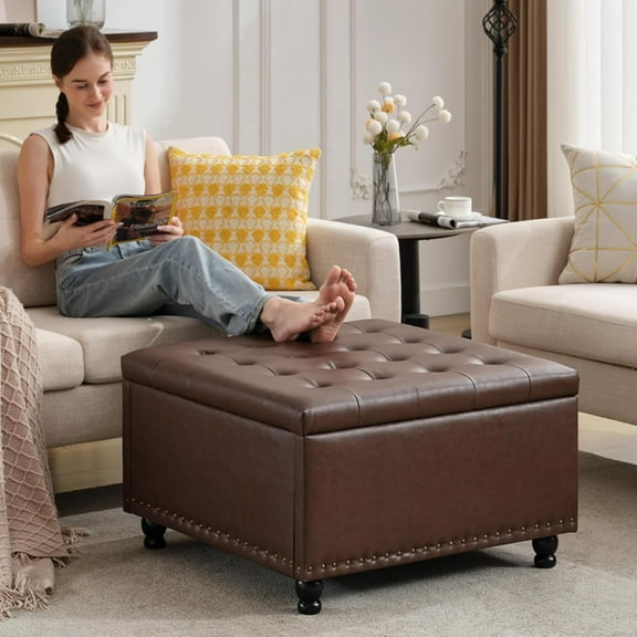 Tbfit Large Square Storage Ottoman Bench, Button Tufted Upholstered Coffee Table Ottoman with Wooden Legs, Oversized Storage Ottomans Toy Box Footrest for Living Room, Brown