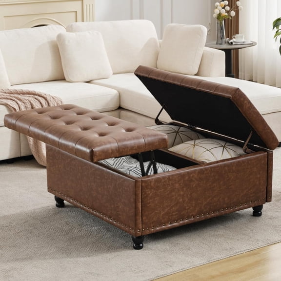 Tbfit Large Square Storage Ottoman Bench, Tufted Upholstered Coffee Table Ottoman with Lift Top & Solid Wood Legs, Oversized Storage Ottomans Toy Box for Living Room (Brown)
