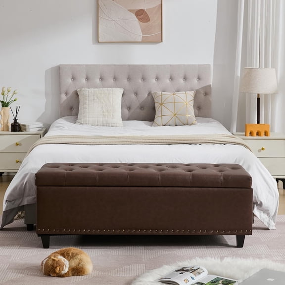 Tbfit Long Ottoman with Storage, 50.8" Faux Leather End of Bed Bench with Safety Hinge, Entryway Benches Large Storage Ottoman Bench for Bedroom, Living Room, Holds up to 660 lb(Dark Brown)