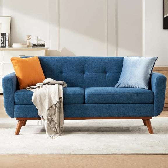 Tbfit Loveseat Sofa, 65" W Mid Century Modern Love Seat Small Loveseat for Bedroom, Button Tufted Upholstered Small Couch Sofa for Living Room, Blue