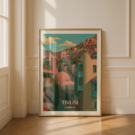 Tbilisi Georgia Travel Vintage Style City Print Old Town Wall Art Teal Terracotta Retro Illustration