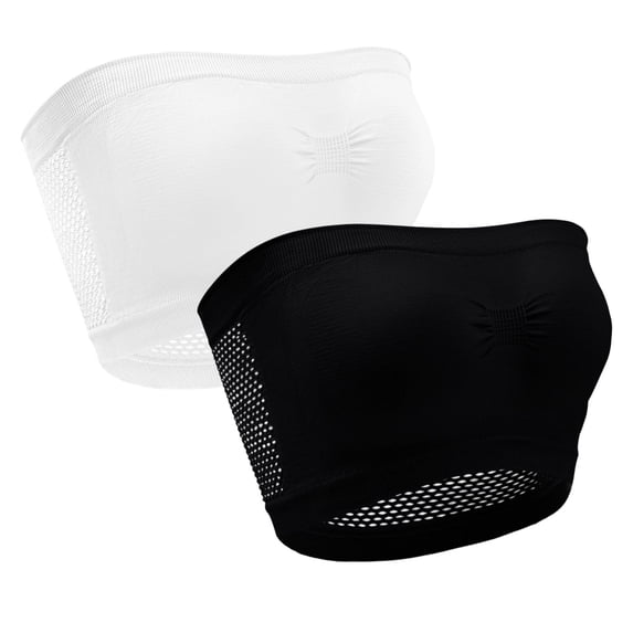 Tbopshirt 2 Pack Strapless Bras for Women Bandeau Bra No Padding Seamless Wireless Push Up Bra Ruched Front Breathable Mesh Side Comfort Tube Top Basic Bralette Top