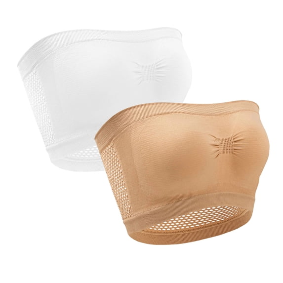 Tbopshirt 2 Pack Strapless Bras for Women Bandeau Bra No Padding Seamless Wireless Push Up Bra Ruched Front Breathable Mesh Side Comfort Tube Top Basic Bralette Top