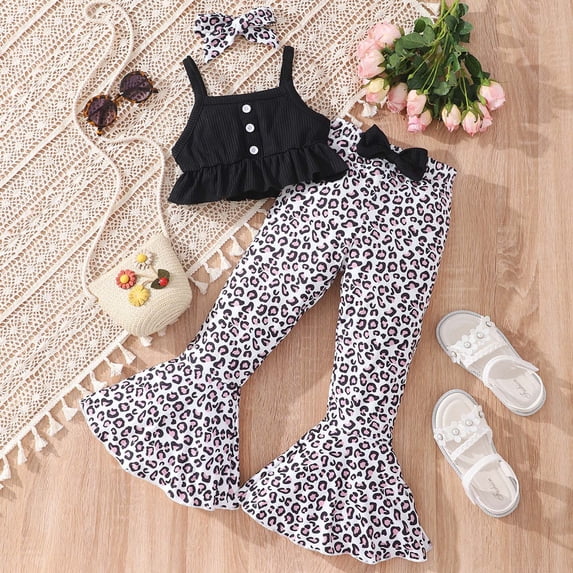 Tbopshirt 2Pcs Baby Girls Outfit Summer Children Girls Headband + Strip Sleeveless Vest + Leopard Striped Flared Trousers 3pcs Suit
