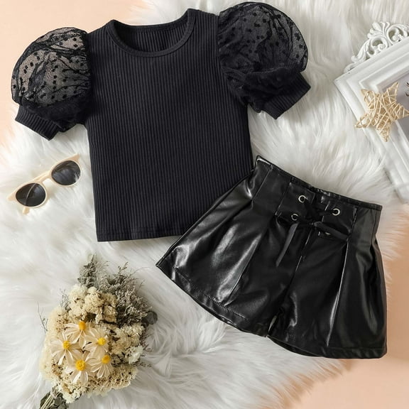 Tbopshirt 2Pcs Baby Girls Outfit Toddler Kids Baby Girls Puff Sleeve Solid Color Tops+Lace Up Shorts Outfits Set