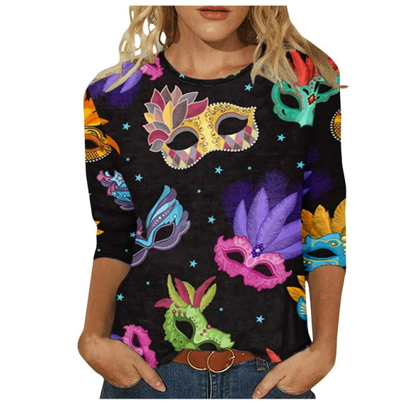 Tbopshirt 3/4 Sleeve Tops for Women,Mardi Gras Clothing,Fashion Woman Casual Christmas Printed Round Neck Printing Blouse Gifts for Her T-Shirt Blouses,Womens Tops