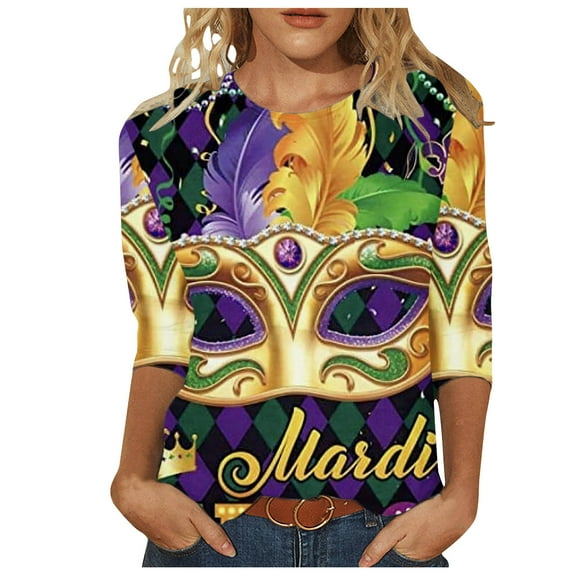Tbopshirt 3/4 Sleeve Tops for Women,Mardi Gras Clothing,Fashion Printing Casual Round-Neck Stitching Gifts for Her T-shirt Blouse,Womens Tops