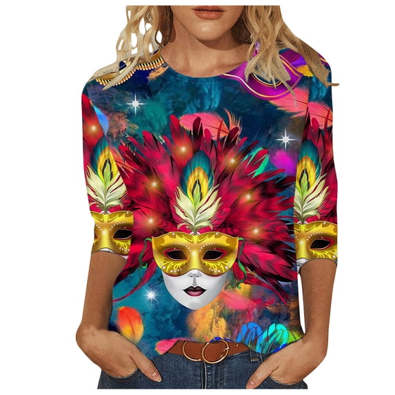 Tbopshirt 3/4 Sleeve Tops for Women,Mardi Gras Clothing,Fashion Printing Casual Round-Neck Stitching Gifts for Her T-shirt Blouse,Womens Tops