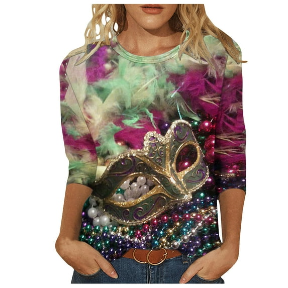 Tbopshirt 3/4 Sleeve Tops for Women,Mardi Gras Clothing,Women Gifts for Hers Casual Shirts Pullover Loose Tunic Tops Print Blouse,Womens Tops