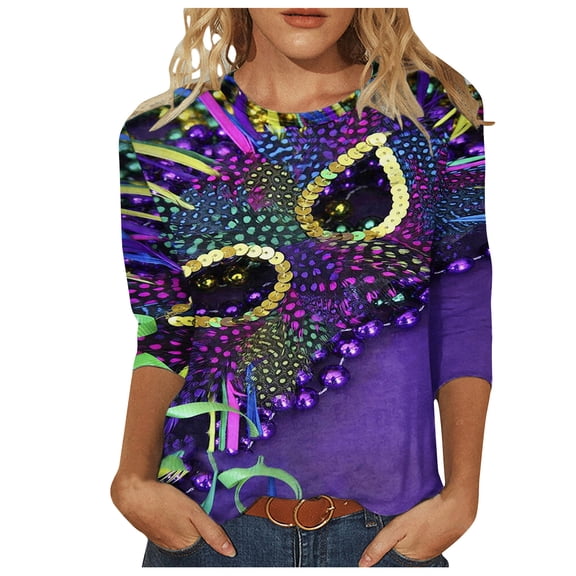 Tbopshirt 3/4 Sleeve Tops for Women,Mardi Gras Clothing,Women Gifts for Hers Casual Shirts Pullover Loose Tunic Tops Print Blouse,Womens Tops