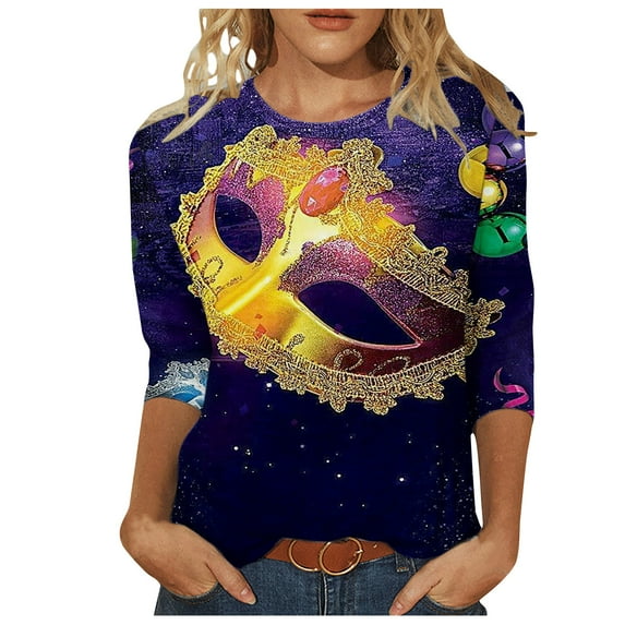 Tbopshirt 3/4 Sleeve Tops for Women,Mardi Gras Clothing,Women Gifts for Hers Casual Shirts Pullover Loose Tunic Tops Print Blouse,Womens Tops