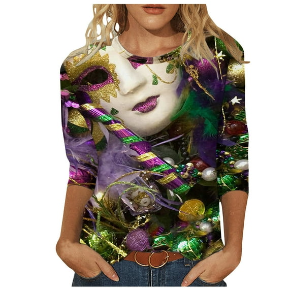 Tbopshirt 3/4 Sleeve Tops for Women,Mardi Gras Clothing,Women Gifts for Hers Casual Shirts Pullover Loose Tunic Tops Print Blouse,Womens Tops